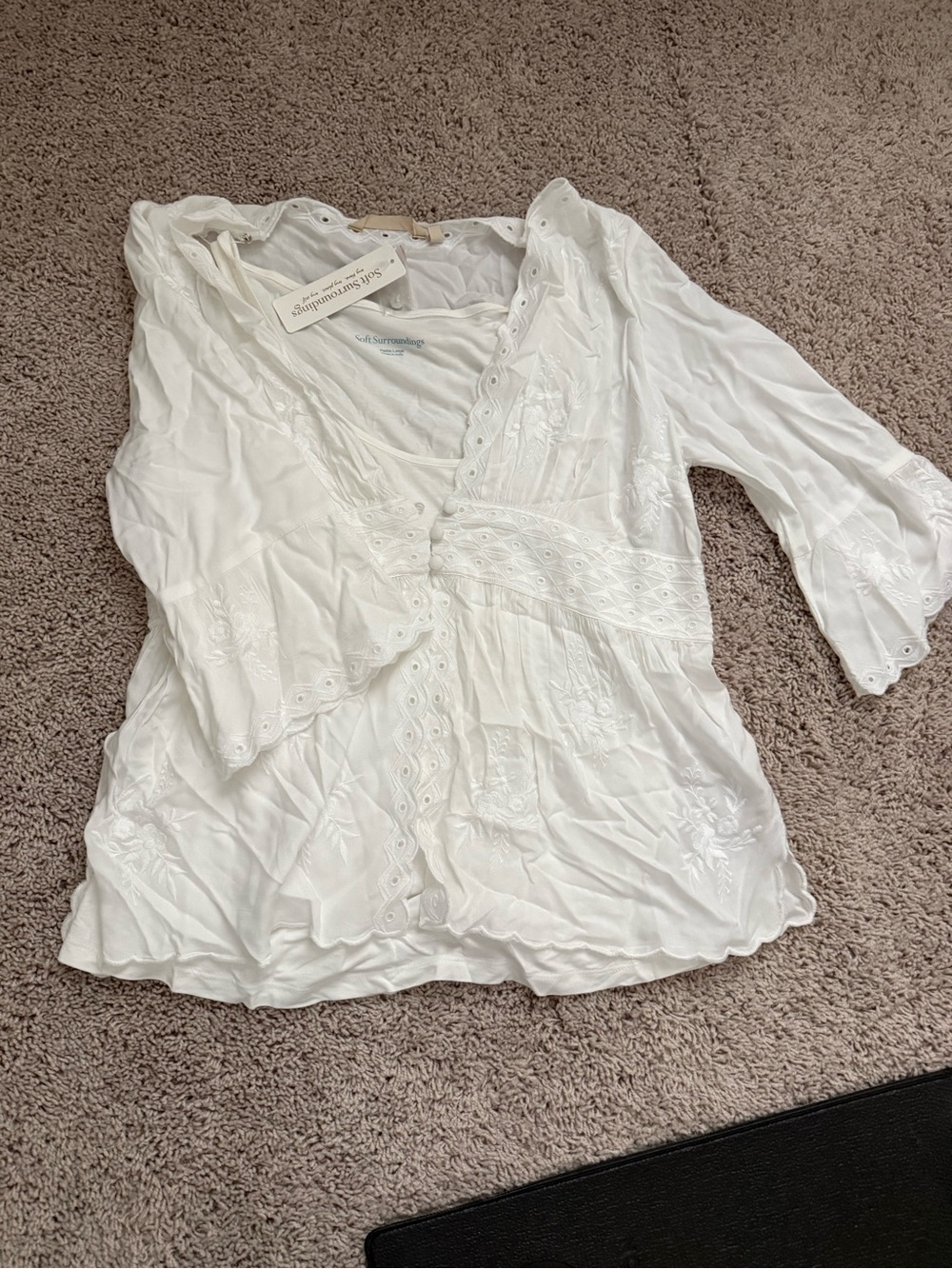 Soft Surroundings White Embroidered V-Neck Blouse